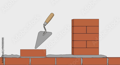 Masonry Construction Illustration with Trowel and Red Bricks Building a Wall, Development and DIY Home Improvement Concept