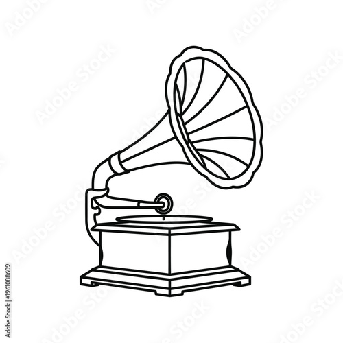 Classic gramophone phonograph with large horn in outline style for music or vintage decor.