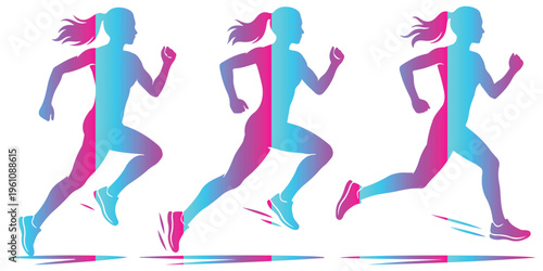 Female Runner Silhouettes Motion Fitness Sprint Jogging Colorful Gradient Sports Vector.