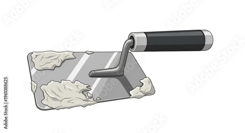 A vector graphic illustration of a putty knife with a black handle and silver accents, covered in white plaster or joint compound on its gray blade.