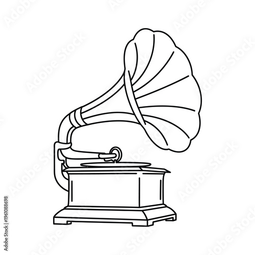 Classic gramophone phonograph with large horn in outline style for music or vintage decor.
