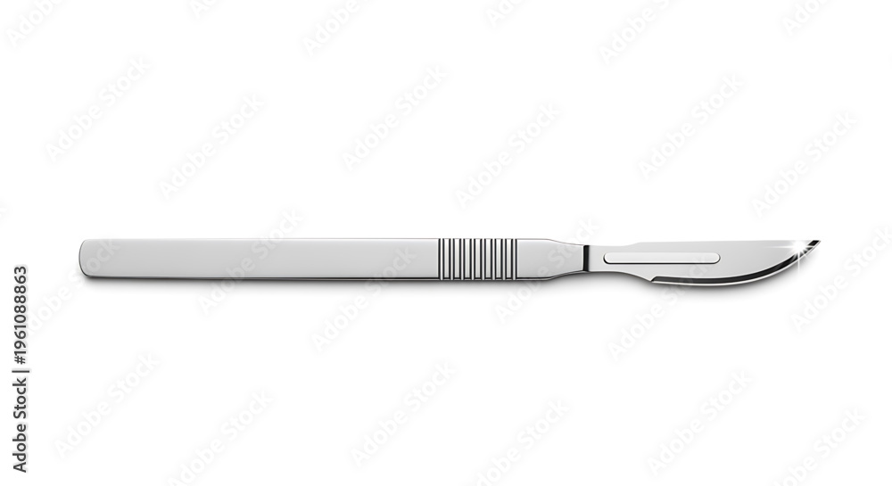 Fototapeta premium A surgical scalpel with a curved blade and ergonomic handle on a white background