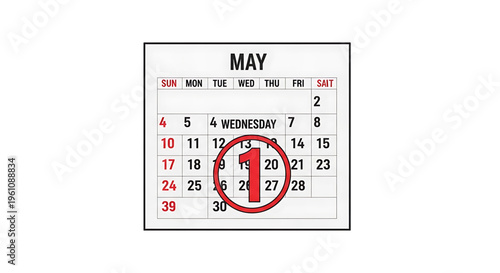 A vector graphic of a calendar page for May with the first day circled in red.