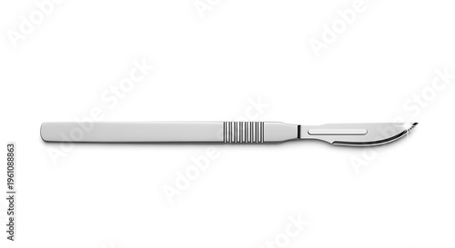 A surgical scalpel with a curved blade and ergonomic handle on a white background