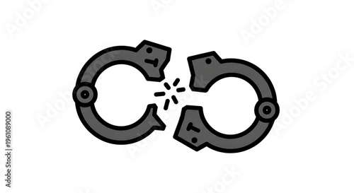 A broken pair of handcuffs in a minimalist vector illustration style symbolizing freedom and liberation.
