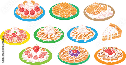 Delicious waffle desserts collection with strawberries, cream, chocolate and fruits, colorful vector illustration for bakery menus, sweet food design and cafe projects