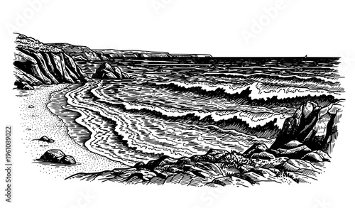 Vintage Sea Coast Beach Engraving Style Black and White Vector with Waves Cliffs and Coastal Landscape Sketch
