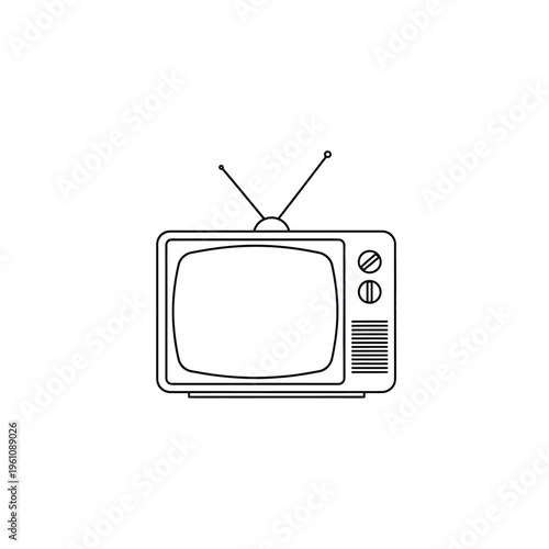 Retro television set with antenna black line art icon isolated on checkered background base.