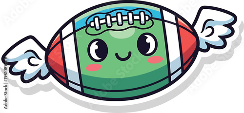 Cartoon football with smiling face and wings flying happily in air
