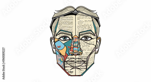 Stylized face composed of text and abstract color blocks