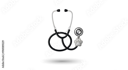 A minimalist vector graphic of a stethoscope with a paw print charm, symbolizing veterinary care and compassion.