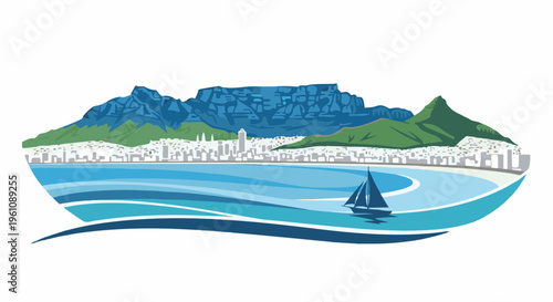 Stylized coastal city with a prominent mountain backdrop and a sailboat