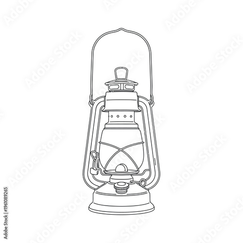 Classic kerosene lantern minimalist line art illustration isolated on checkered background.