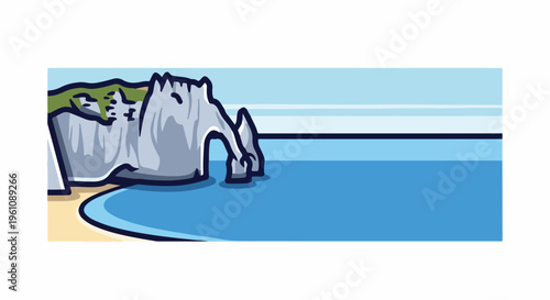 Stylized coastal cliffs with an arch, sea, and beach under a pale blue sky