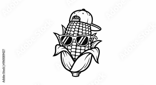 Stylized corn cob wearing sunglasses and a backward baseball cap