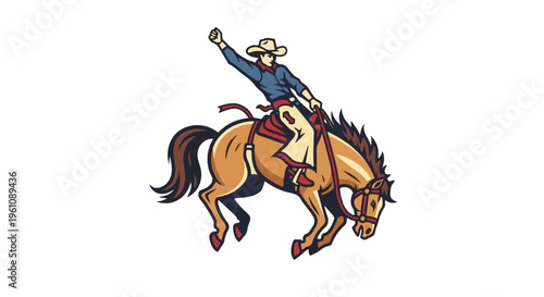 Stylized cowboy riding a bucking horse, arms raised