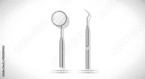 A vector graphic illustration of dental tools, including a mirror and explorer, on a clean white background