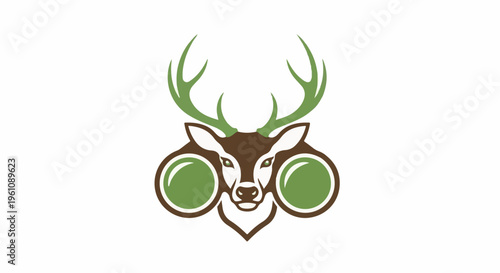 Stylized deer head with large green binoculars for eyes