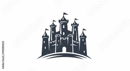Stylized, dark blue silhouette of a fantasy castle with multiple towers and flags on a white background