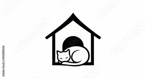 Stylized black and white icon of a cat sleeping inside a simple house