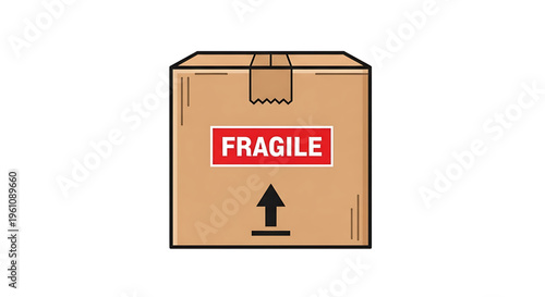 A fragile cardboard box with a red label and black arrow icon for shipping and handling purposes