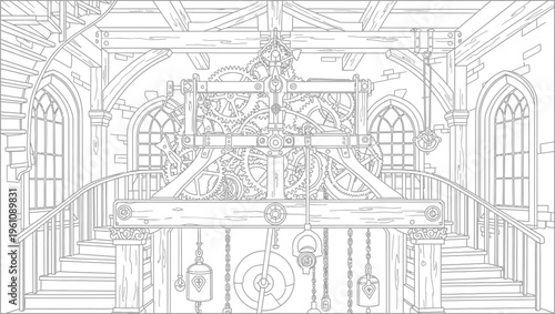 Intricate mechanical clockwork gears inside a grand gothic tower