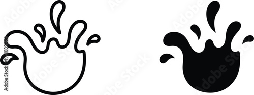 Black and white water splash outline and silhouette vector icons