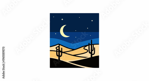 Stylized desert landscape at night with moon, stars, dunes, and cacti