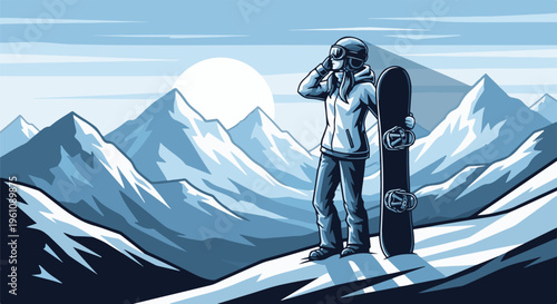 Snowboarder in mountains at sunrise