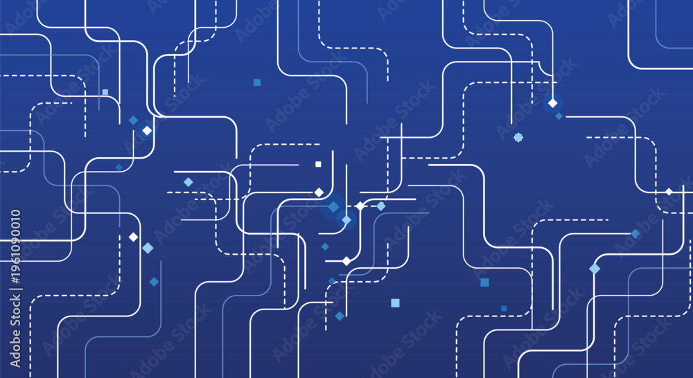 Obraz premium Technology background with white and blue circuit board lines and geometric shapes representing data flow connectivity and modern digital infrastructure systems