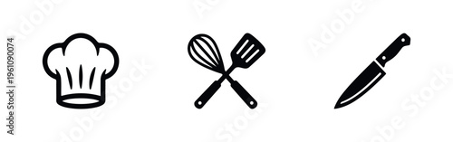 Minimalist black and white icon set featuring a chef hat, crossed whisk and spatula, and a kitchen knife, representing cooking and culinary arts.