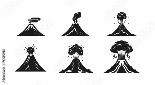 Six stylized illustrations of volcanoes showing stages of eruption