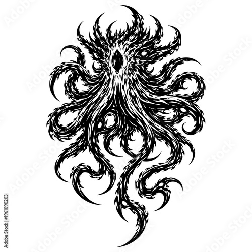 Abstract Alien Octopus Tribal Vector – Dark Biomechanical Tentacle Creature, Black Ink Tattoo Stencil Design