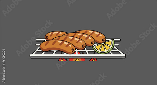 Sizzling sausages grilling on a barbecue with a fresh lime slice