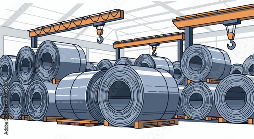 Stored metal coils and overhead crane in a large industrial warehouse