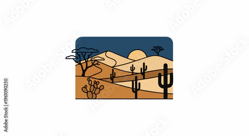 Stylized desert landscape at sunset with cacti and sparse trees