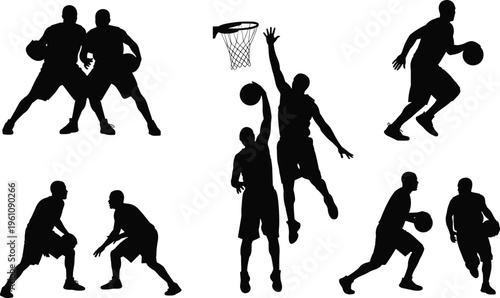 Collection of black silhouettes of basketball players in dynamic action poses including dribbling, defending, shooting, blocking, and slam dunks, perfect for sports 