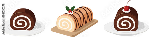 Christmas yule log cake set with chocolate and vanilla swiss roll desserts, festive holiday sweets collection with sliced pastry vector illustration