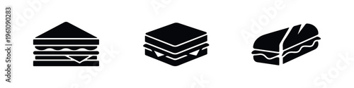 Vector set of black sandwich glyph icons featuring a club sandwich, toast, and long baguette sub. Minimalist food symbols on white background.