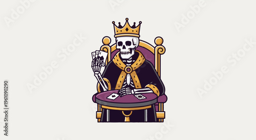 Skeleton king in ornate robes holds playing cards, seated at table