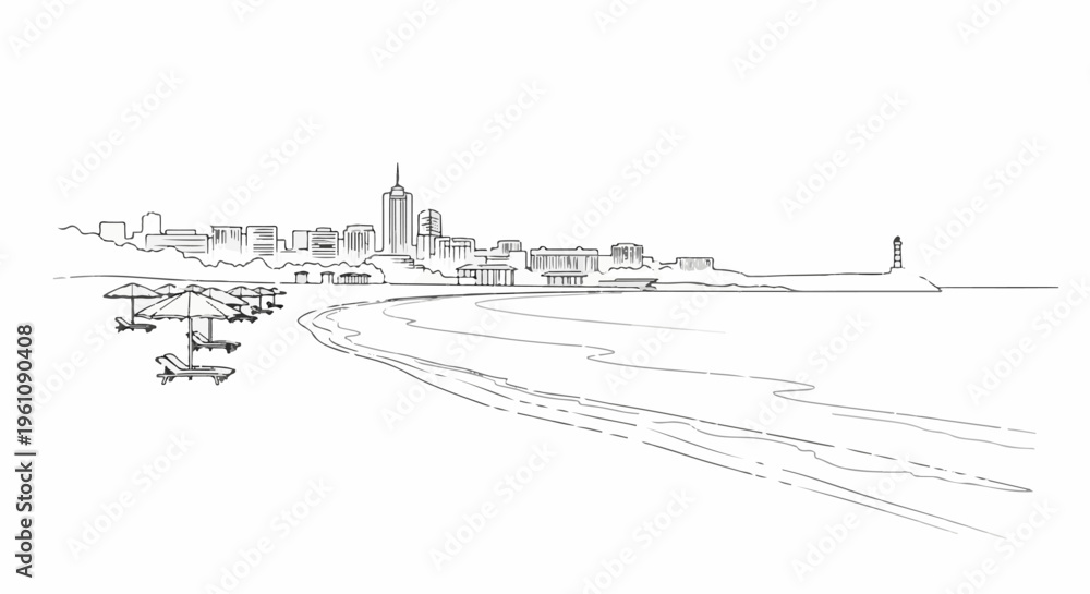 Obraz premium Sketch of a city skyline overlooking a beach with lounge chairs and umbrellas