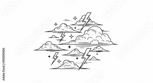 Stormy sky with stylized clouds, lightning bolts, and stars