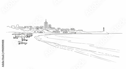 Sketch of a city skyline overlooking a beach with lounge chairs and umbrellas