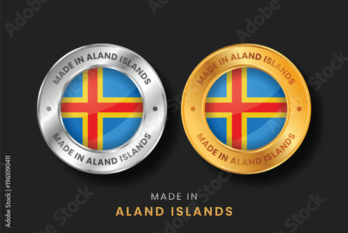 Luxury metallic silver and gold labels with the flag of Aland Islands. Professional origin icons for autonomous regional products, export quality, and manufacturing origin from Finland.