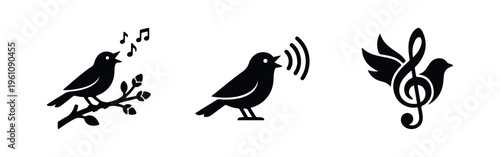 Set of three black bird silhouettes singing, featuring music notes, sound waves, and a treble clef logo, isolated on a white background.