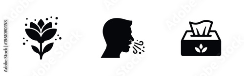 Set of black icons representing seasonal allergies, featuring a pollen-shedding flower, a sneezing person, and a tissue box for relief.