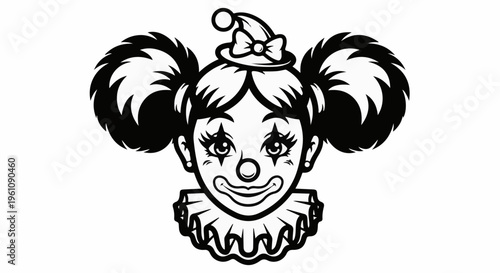 Stylized black and white illustration of a clown girl's face with pigtails