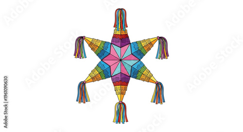 A colorful star-shaped kite with rainbow tassels on a white background