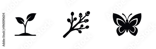 Set of minimalist black nature icons featuring a young plant sprout, a budding tree branch, and a butterfly on a white background.