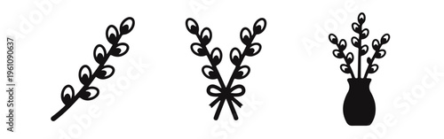 Set of three black silhouette icons of pussy willow branches, including a single twig, a tied bouquet, and branches in a vase on a white background.